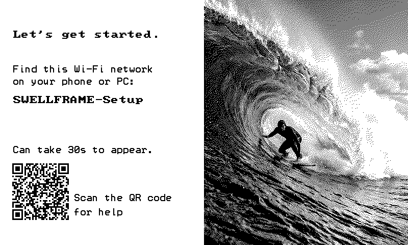 Swellframe setup screen: Let's get started. Find this Wi-Fi network on your phone or PC: SWELLFRAME-Setup. Can take 30s to appear. Scan the QR code for help.