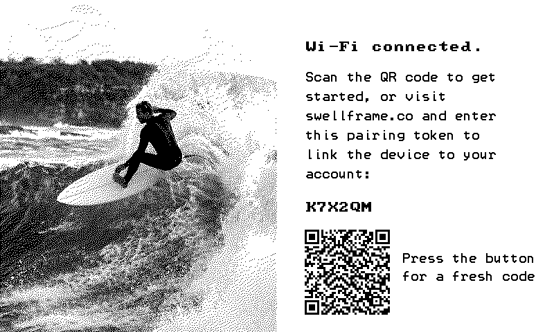 Swellframe pairing screen: Wi-Fi connected. Scan the QR code to get started, or visit swellframe.co and enter this pairing token to link the device to your account. Example token K7X2QM. Press the button for a fresh code.